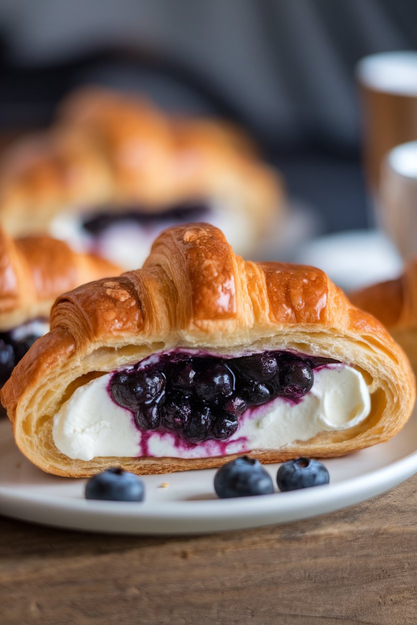 Indoor photo of buttery croissants filled with mascarpone and blueberry compote, cut in half to show filling, no text or logos present