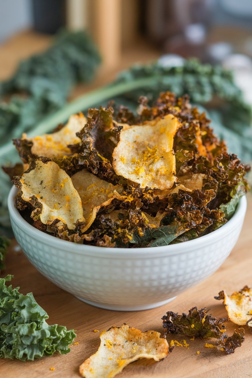 Indoor photo of a white bowl heaping with airy, crispy kale chips seasoned with lemon zest and garlic powder. No text or logos visible.