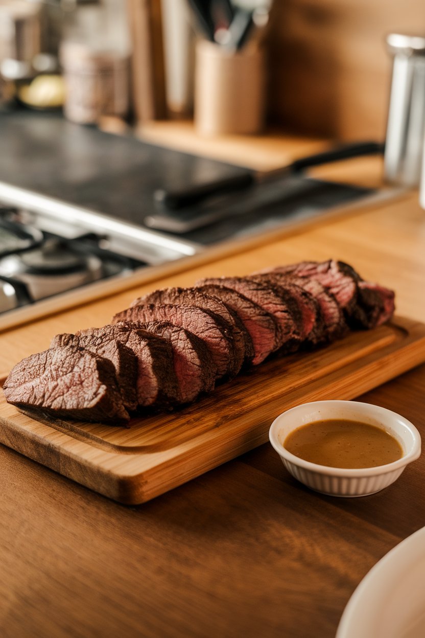 Indoor kitchen island showing dark-crusted beef slices on a wooden board, small dish of gravy nearby. No text or logos.