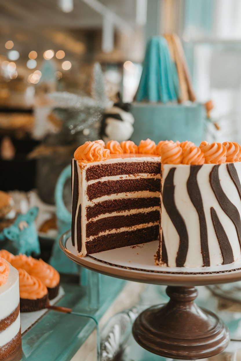 An indoor bakery display with a sliced zebra-striped chocolate-vanilla cake, orange-flavored frosting, slice angled to show stripes—no text or logos.