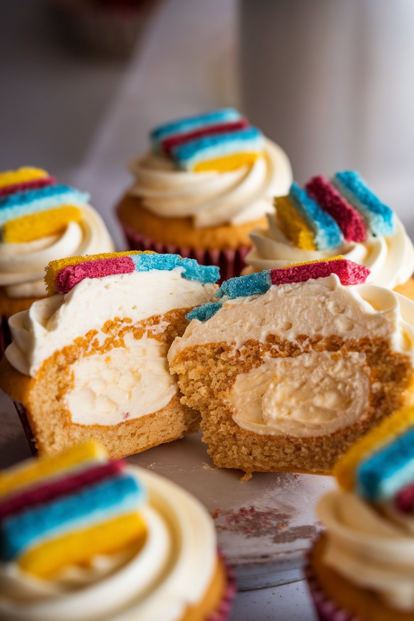 Photo of cupcakes sliced in half to reveal creamy cheese filling, topped with tri-color sugar stripes, indoor studio lighting, no text or logos