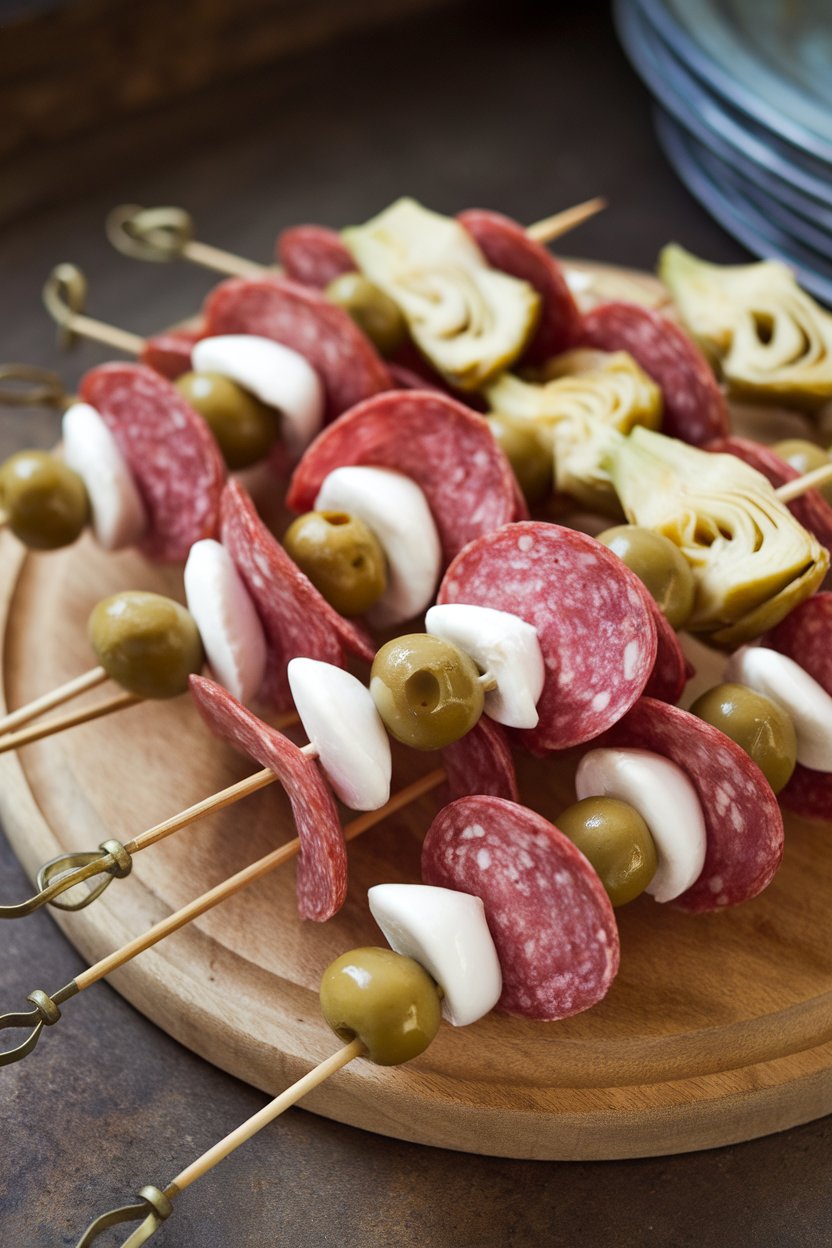 Indoor platter of skewers featuring salami rounds, marinated mozzarella, olives, and artichoke hearts. No text or logos.