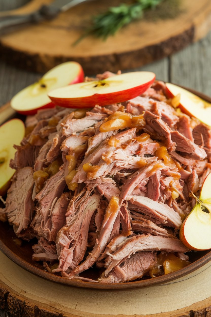 An indoor platter displaying shredded pork glazed with apple cider reduction, apple slices as garnish; photo only, no text or logos.