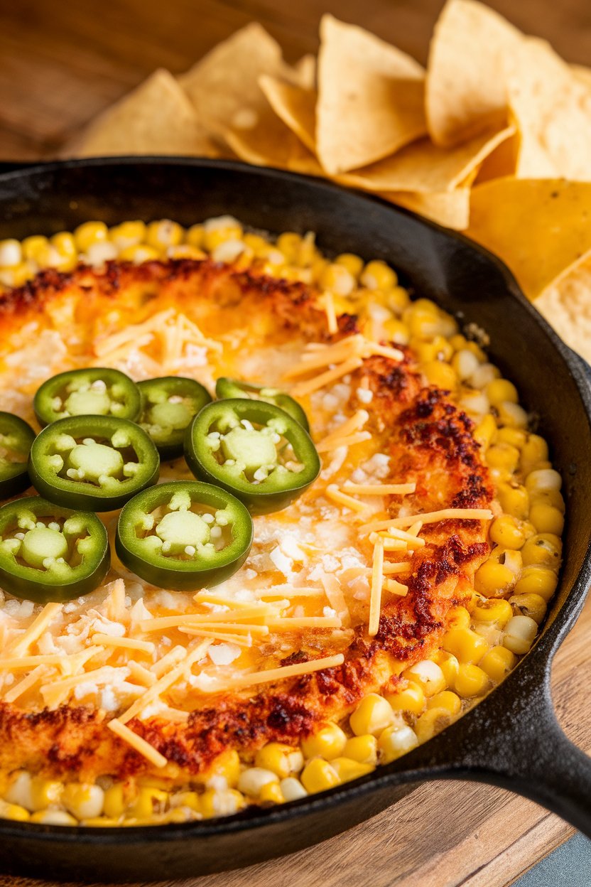 Indoor cast-iron skillet of bubbling corn dip topped with jalapeños and cheese, tortilla chips nearby. No text or logos.
