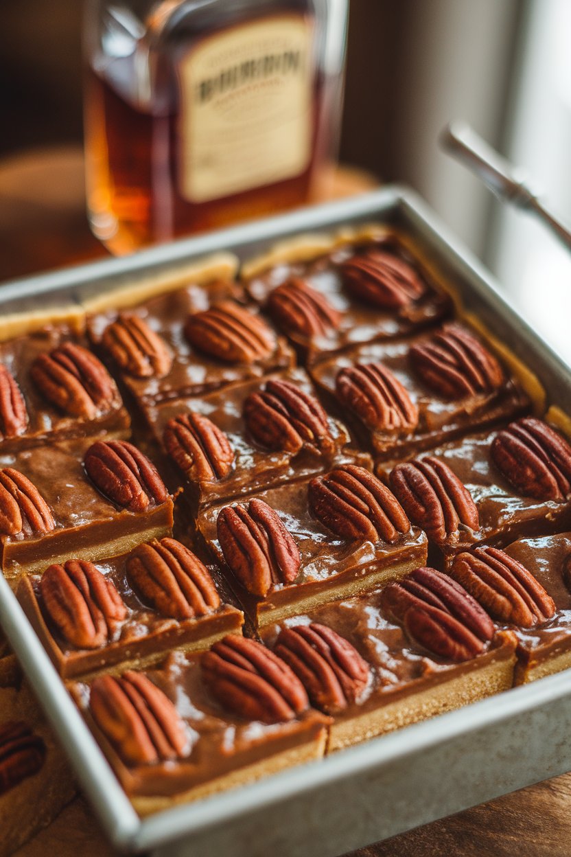 Indoor tray of gooey pecan pie bars featuring glossy pecans atop a shortbread base, slight bourbon bottle blur in background. No text or logos; photo, not illustration.