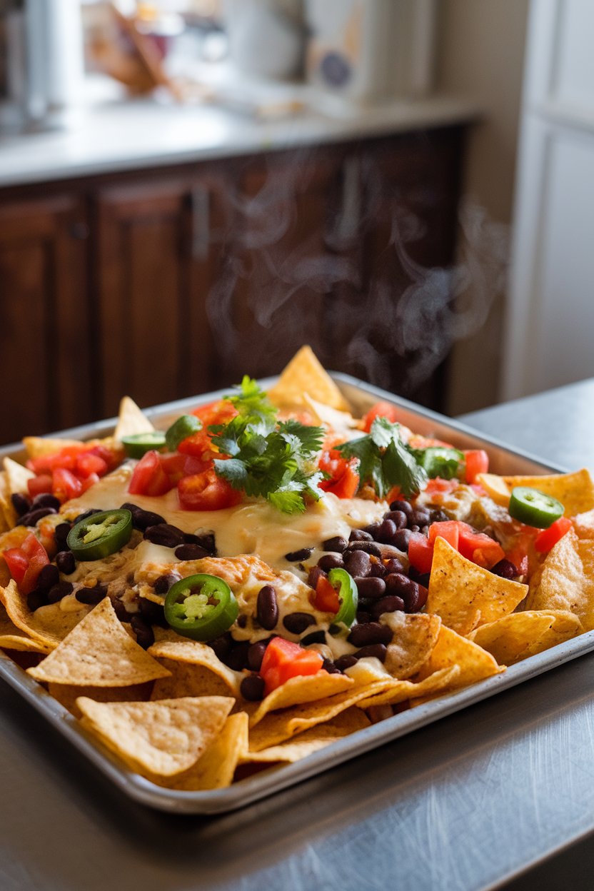Photo prompt: A sheet pan on an indoor counter piled high with tortilla chips, melted cashew queso, black beans, tomatoes, jalapeños, and cilantro. Steam rising slightly, no text or logos. Photo, not illustration.