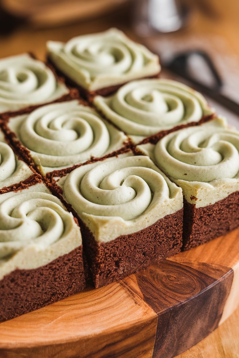 Close-up indoor photo of brownie squares topped with pale green cheesecake swirls, cut cleanly on a wooden board. No text or logos.