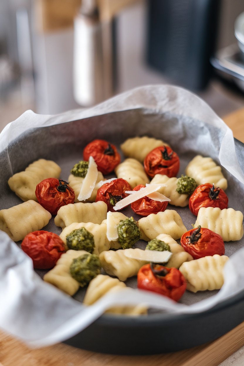Parchment-lined pan indoors featuring pillow-like gnocchi, blistered cherry tomatoes, and dollops of basil pesto, cheese shavings on top. No text or logos.