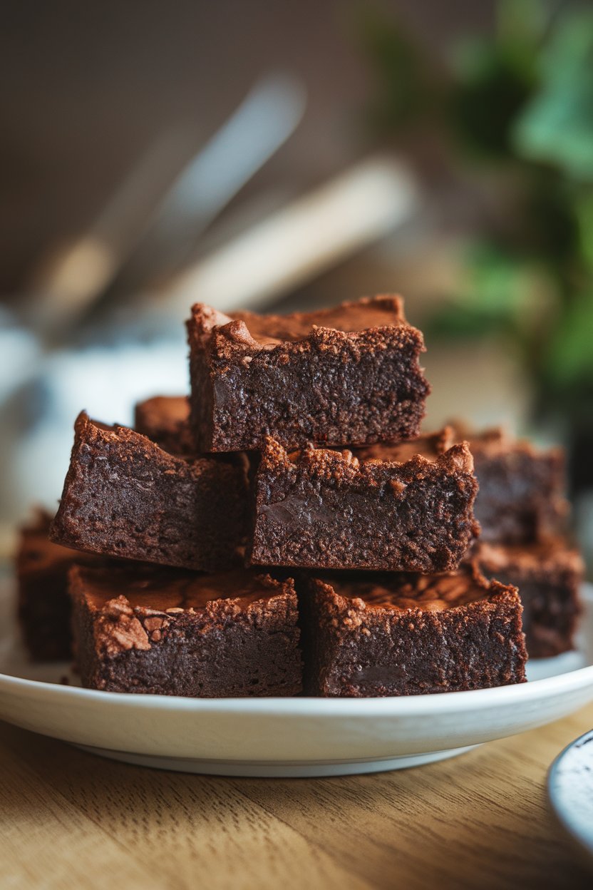 Photo prompt: Indoor white plate stacked with fudgy vegan brownie bites, edges crisp, centers gooey. No logos or text. Photo, not illustration.