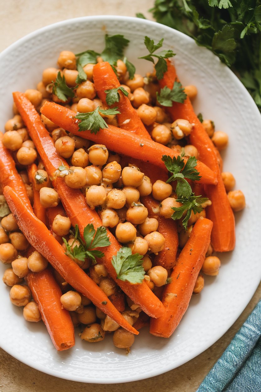 An indoor side dish of glazed baby carrots and chickpeas coated in honey dijon sauce, parsley scattered. No text or logos.