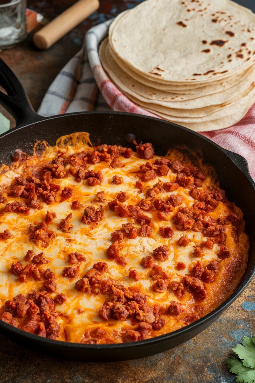 An indoor skillet of bubbling melted cheese flecked with spicy chorizo, a pile of warm flour tortillas wrapped in a cloth nearby. No text or logos.