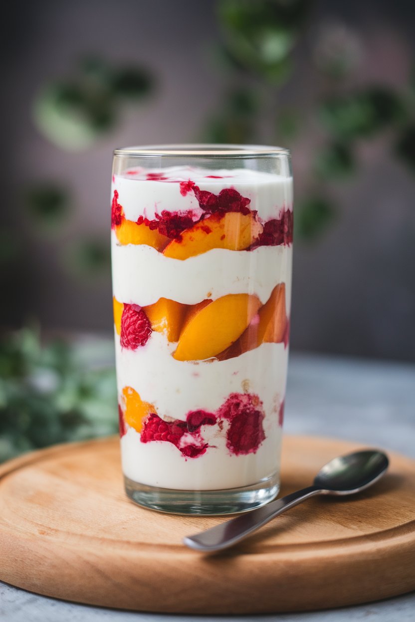 Indoor photo of alternating layers of vanilla yogurt, poached peaches, and raspberry sauce in a tall glass, no text or logos
