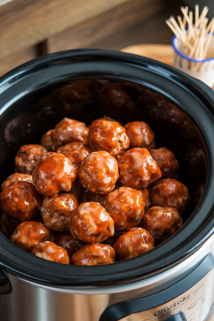 Indoor photo of slow-cooker full of glazed cocktail meatballs, toothpicks in a cup beside; no text or logos.