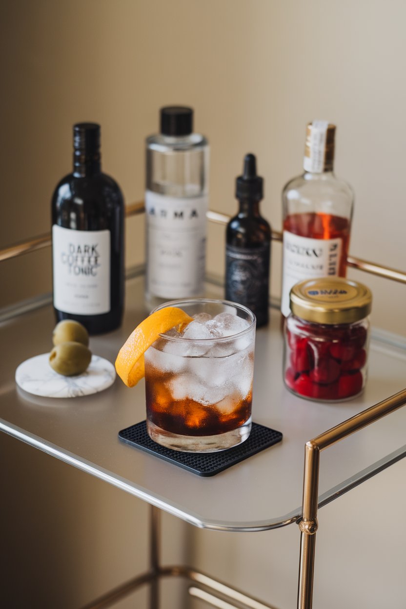 An indoor minimalist bar cart featuring a rocks glass of dark coffee tonic layered over clear ice, citrus twist resting on rim. No text or logos. Photo.
