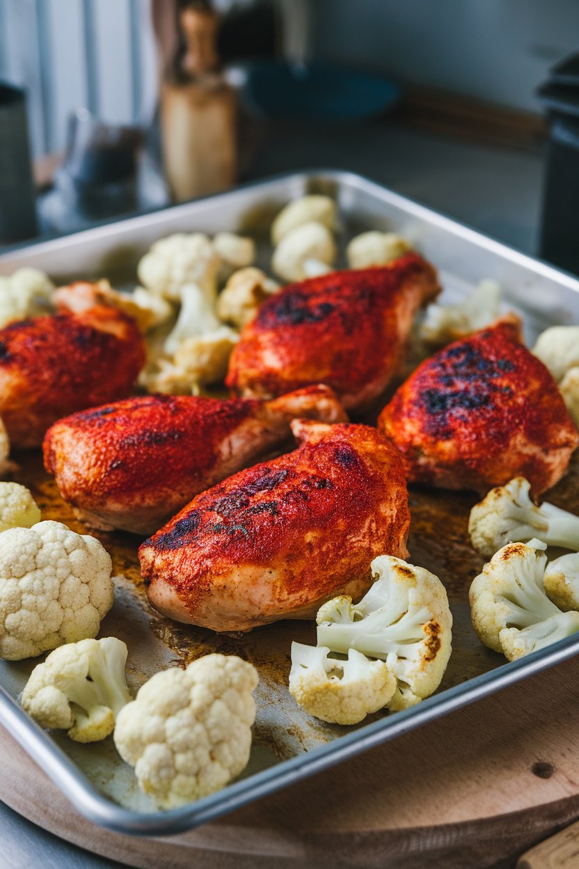 Indoor photo of harissa-rubbed chicken pieces glowing red, nestled among cauliflower florets on a sheet pan, slight charring evident. No text or logos.