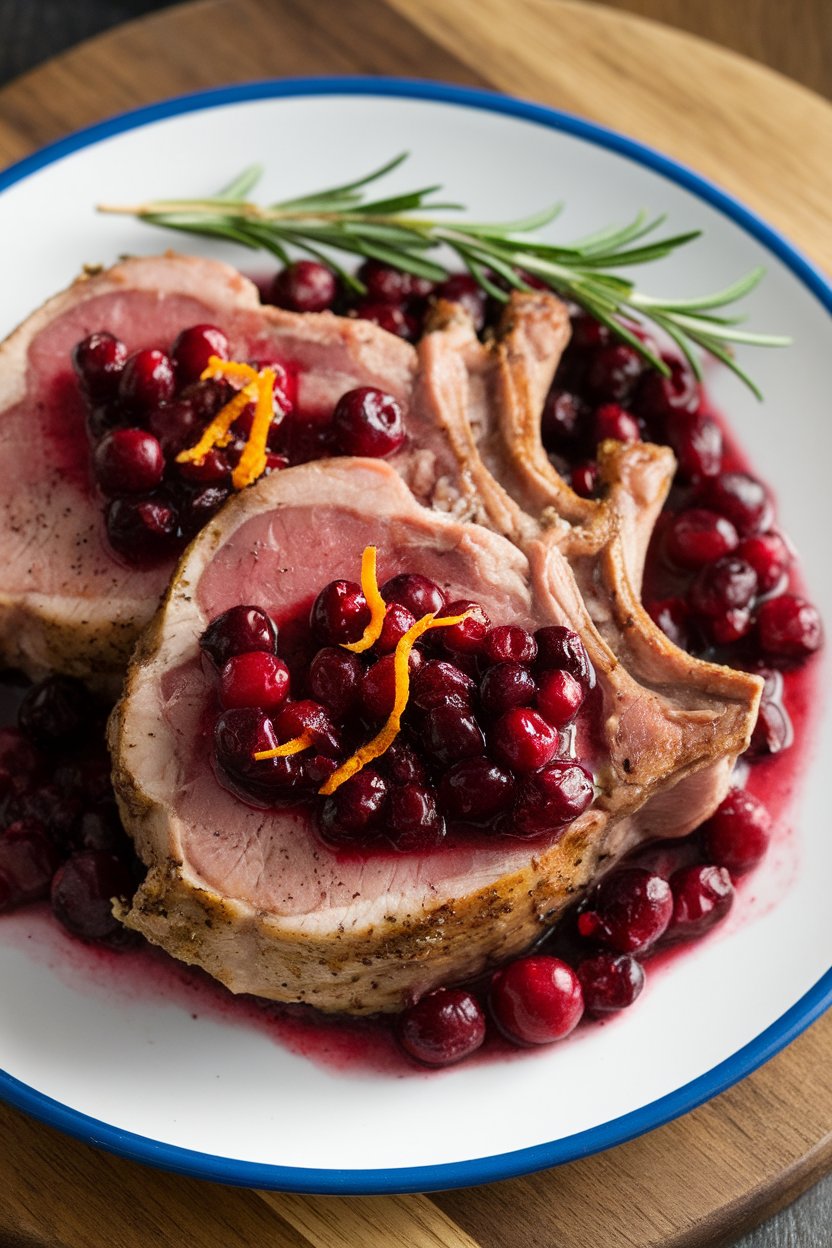 Plate of pork chops covered in ruby cranberry sauce with orange zest, no text or logos.