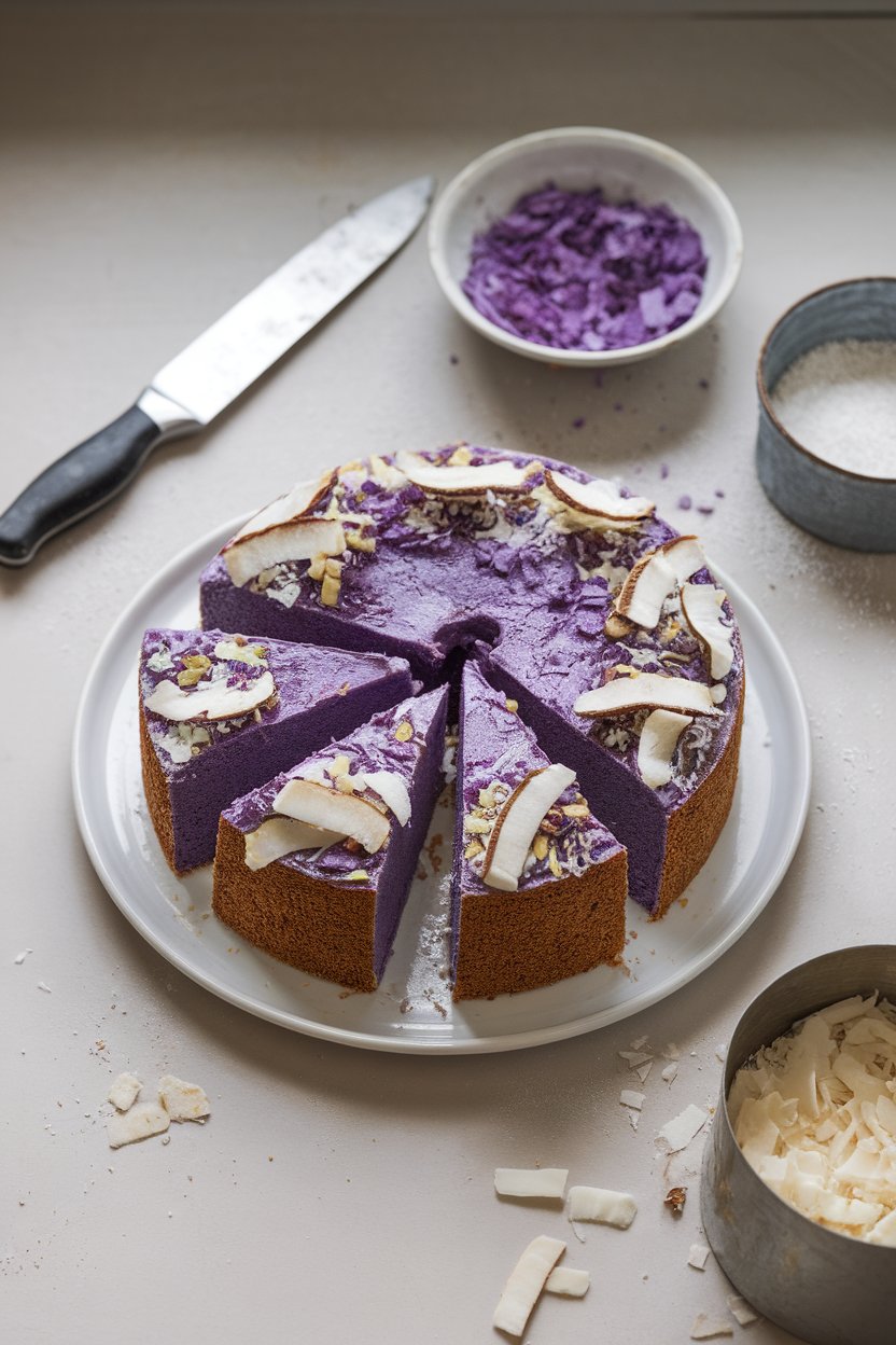 An indoor baker’s bench with a sliced king cake tinted naturally purple from ube, topped with coconut flakes and traditional colored sugar. No text or logos. Photo.