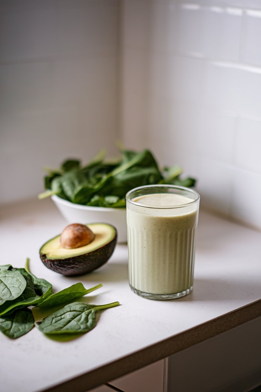 An indoor counter scene with a glass of creamy pale-green smoothie beside half an avocado and spinach leaves. No text or logos. Photo, not illustration.