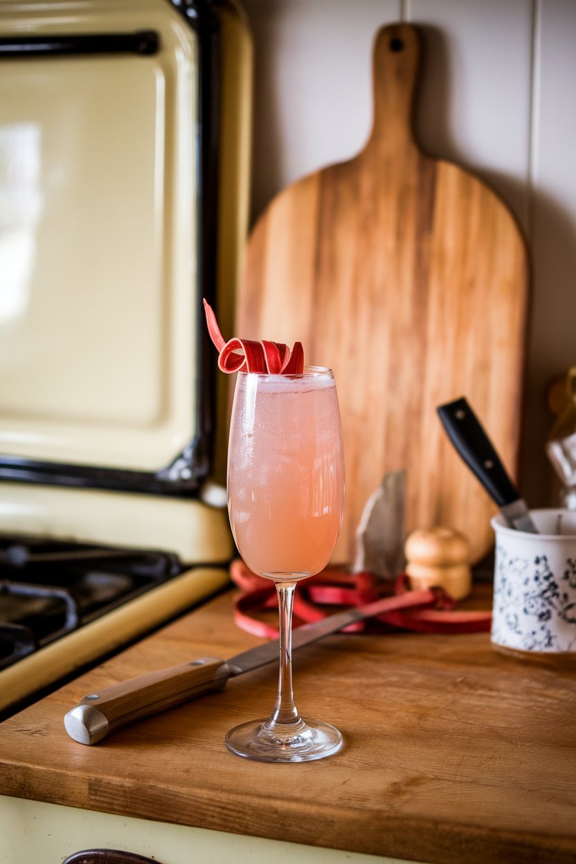 An indoor farmhouse kitchen scene with a flute of pale pink rhubarb ginger fizz, thin rhubarb ribbon spiraled inside. No logos or text. Photo.