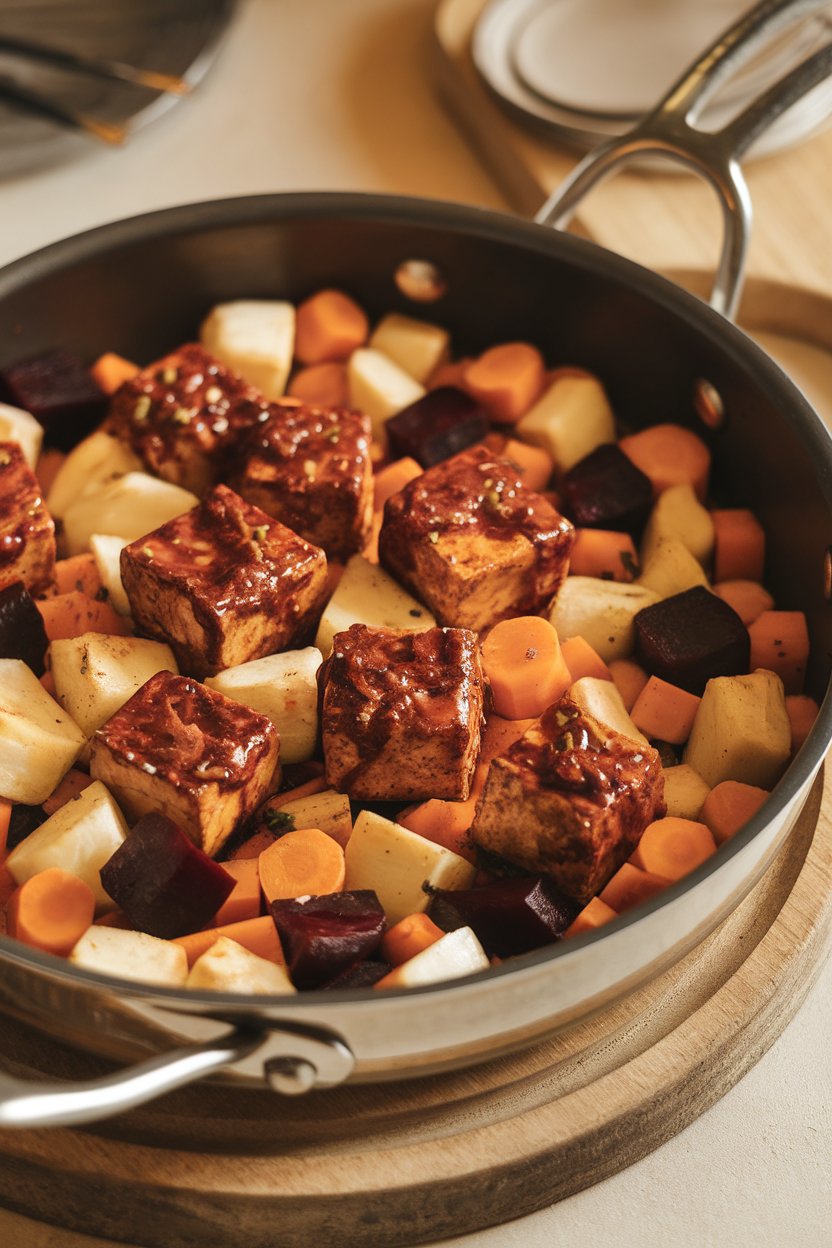 Indoor photo of roasted tempeh cubes glazed with chili-maple sauce alongside diced parsnips, beets, and carrots on a pan; no text or logos