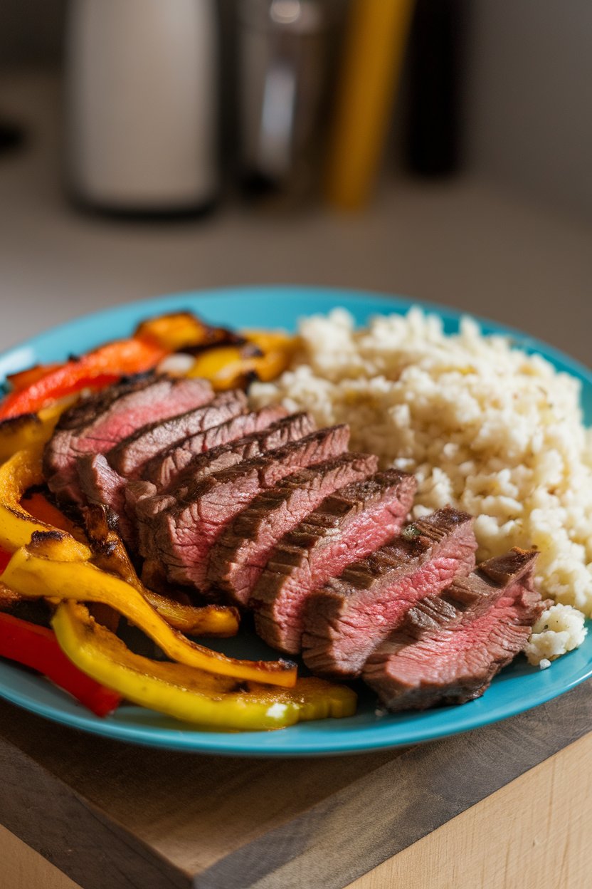 Photo indoors of sliced fajita steak, sautéed peppers and onions, and a side of cauliflower rice in a container, no logos.