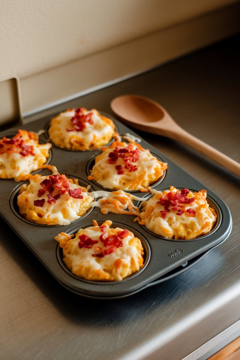 A muffin tin on an indoor counter holding golden mini casseroles topped with bacon bits and melted cheese; no logos or text.