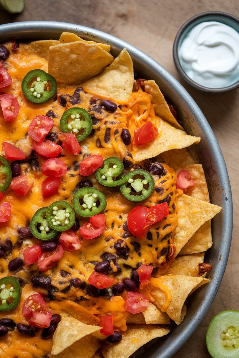 Indoor overhead shot of a rimmed baking sheet covered with tortilla chips, melted cheese, jalapeños, black beans, and diced tomatoes. A small bowl of sour cream sits nearby. No text or logos.