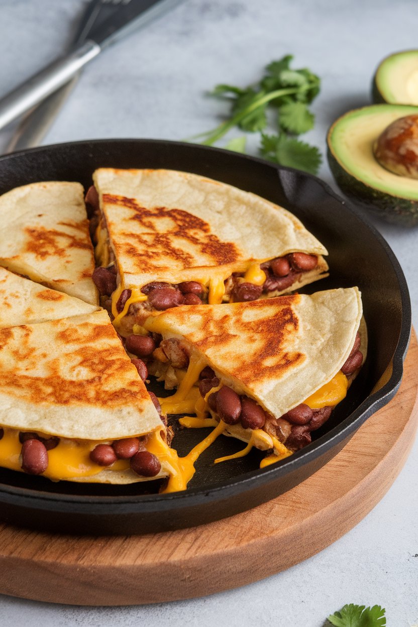 An indoor skillet with a golden-browned quesadilla cut into wedges, melty cheese and beans spilling slightly. No text or logos. Photo.