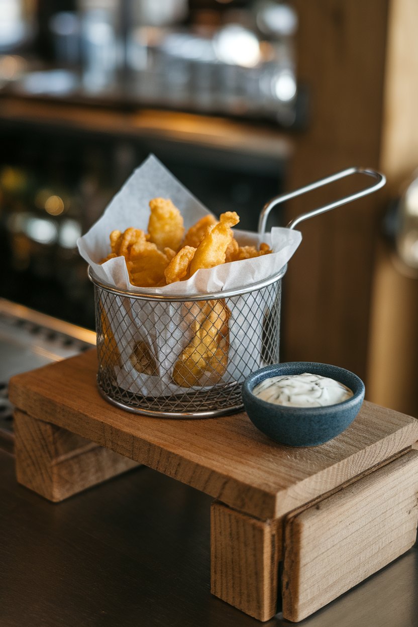 An indoor bar-style setting with a metal basket lined in parchment holding crispy fried pickle chips, ranch dressing nearby. No text or logos.