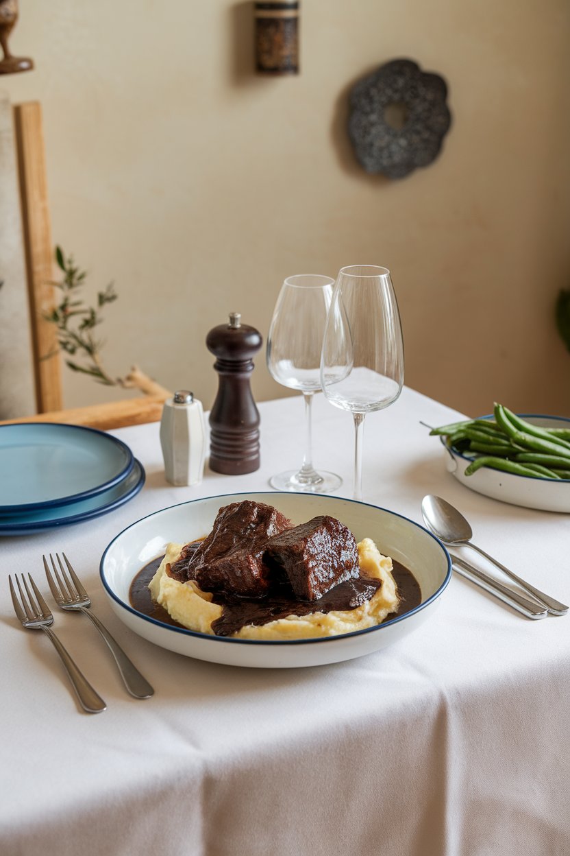 An indoor dining table featuring braised beef short ribs in dark red wine sauce, served over mashed potatoes. No text or logos. Photo.