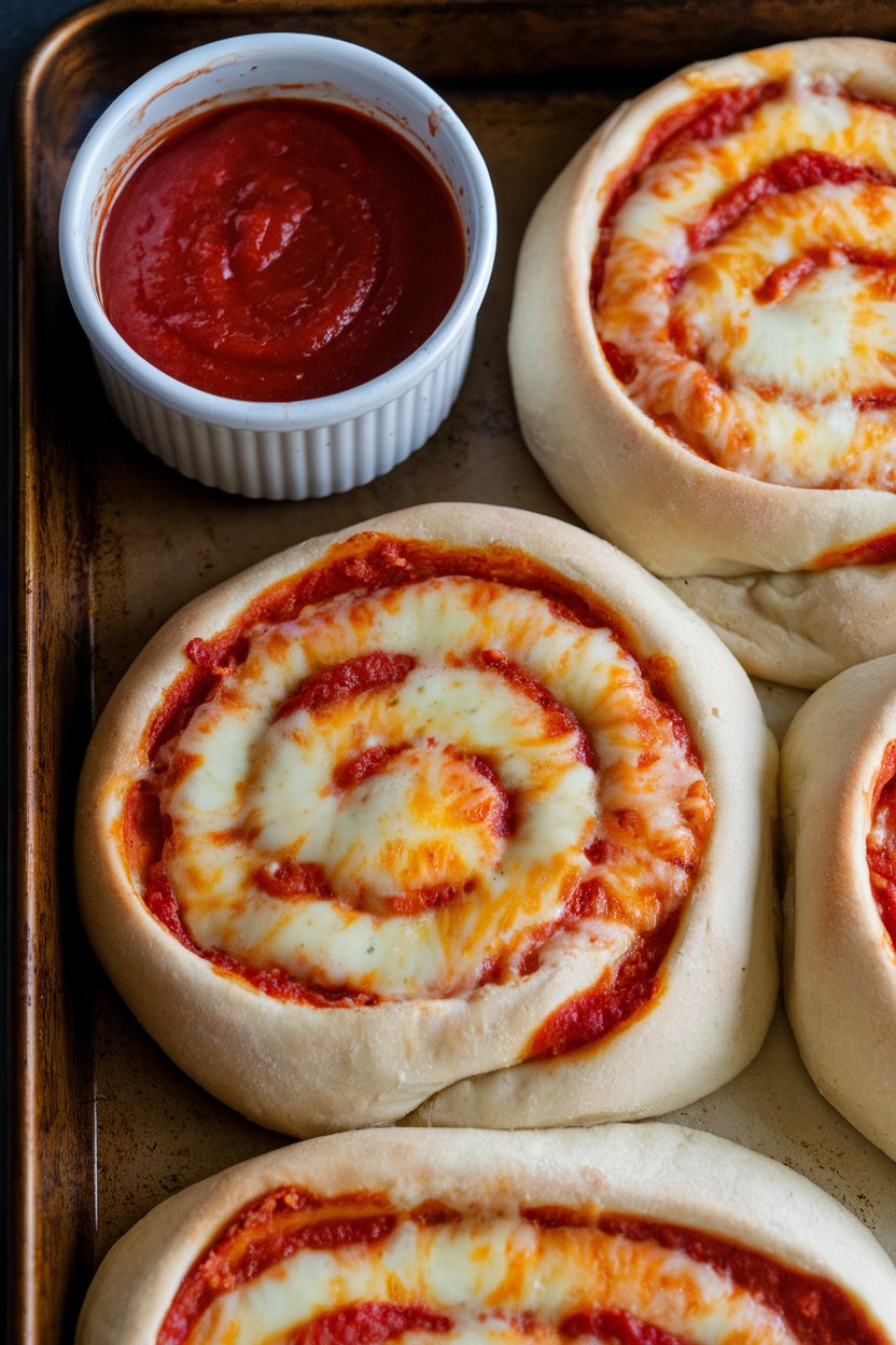 An indoor baking sheet of spiraled pizza rolls, cheese bubbling at the seams, marinara cup adjacent. No logos or text.