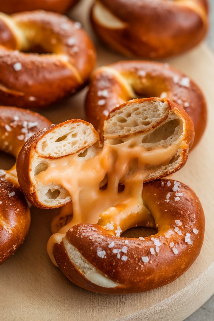Close-up indoor image of pretzel bites split open to reveal melted pepper Jack cheese, coarse salt visible on tops. No text or logos.