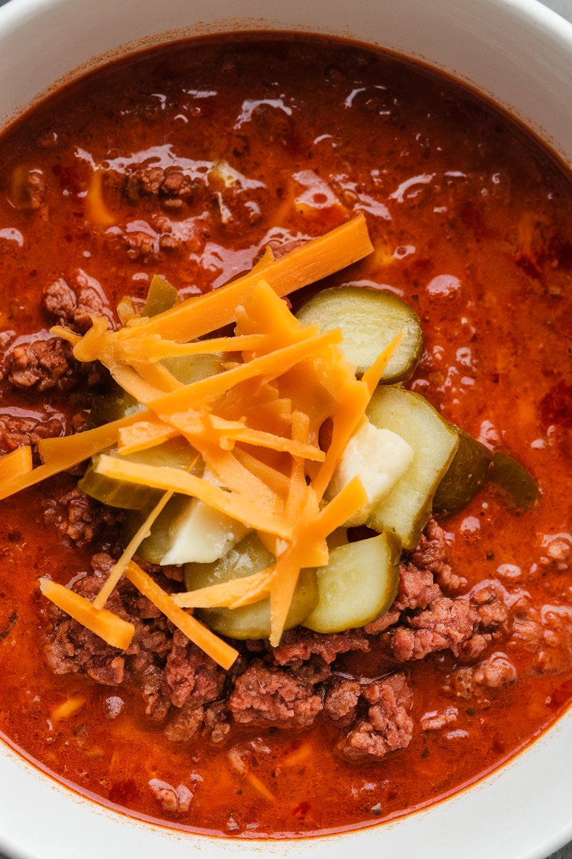 An indoor soup bowl of thick cheeseburger soup with ground beef, diced pickles, and melted cheddar on top; photo only, no text or logos.