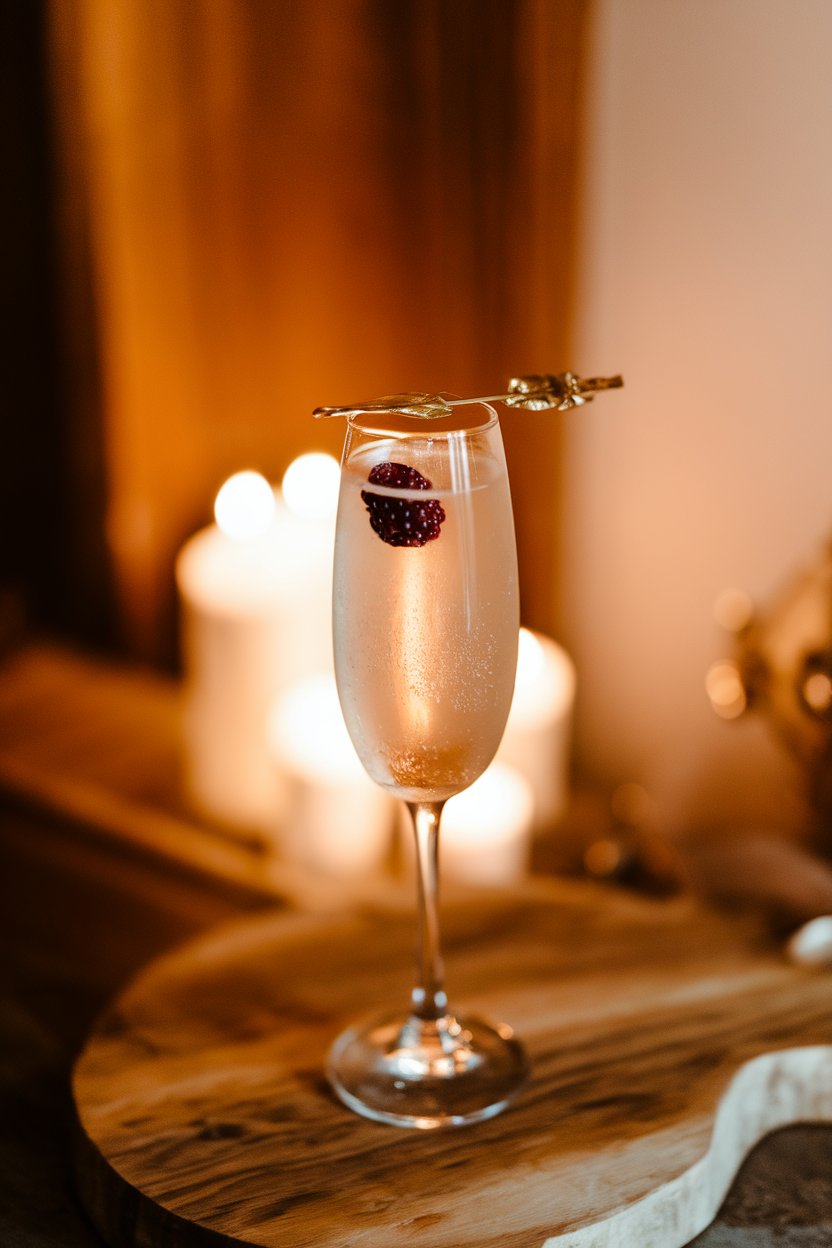 Photo of a champagne flute indoors with pale gold cocktail and small blackberry inside, glowing candlelit backdrop, no text or logos
