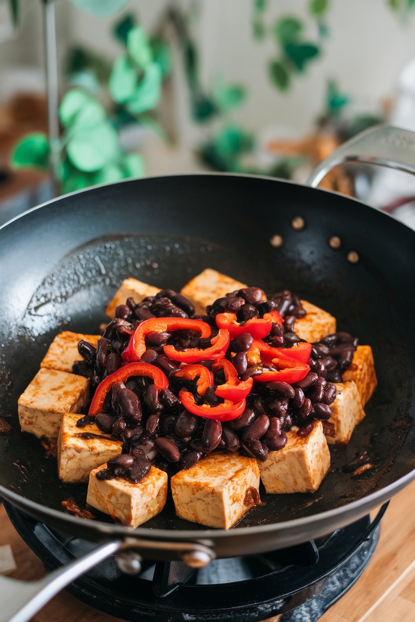 Photo prompt: Indoor wok scene with tofu cubes coated in glossy black bean garlic sauce, red pepper slices mixed in. No text or logos.