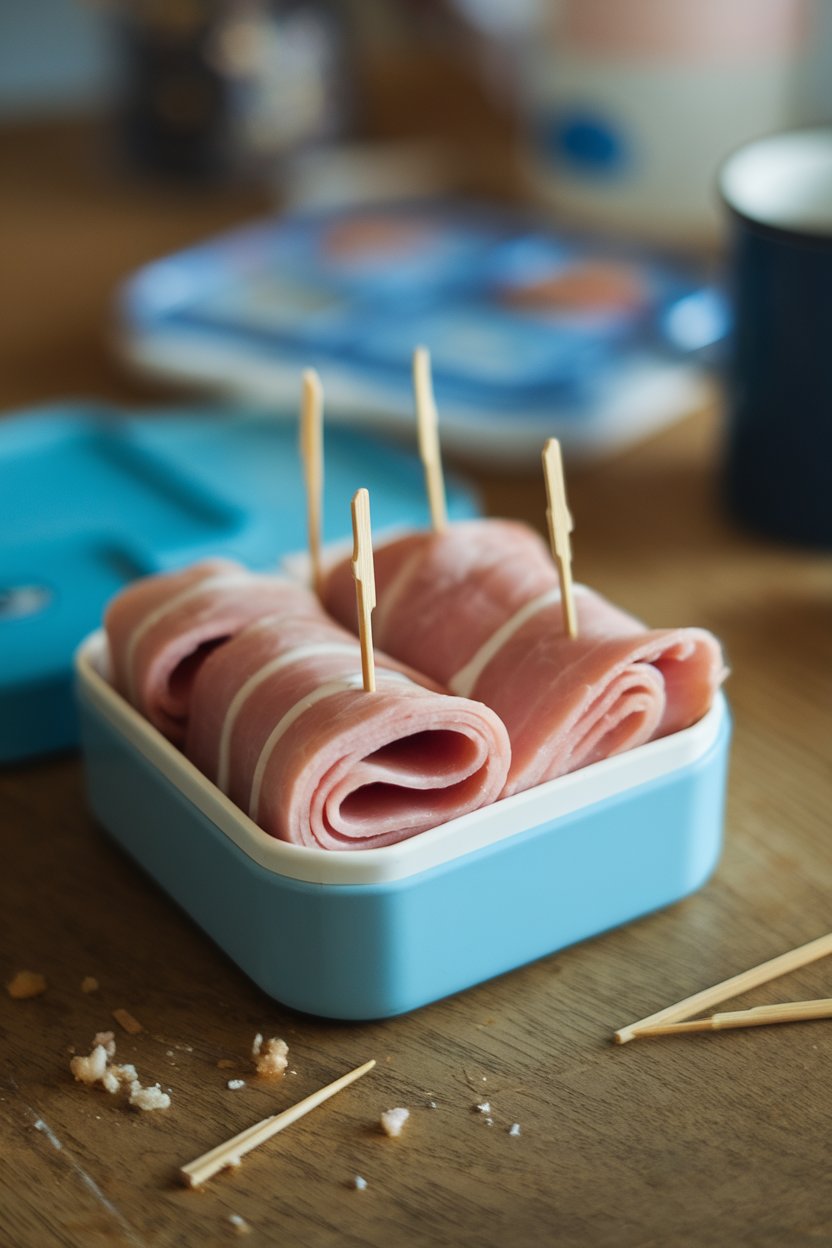 An indoor lunchbox scene with ham slices wrapped around light cheddar sticks, toothpicks securing each roll; no logos.
