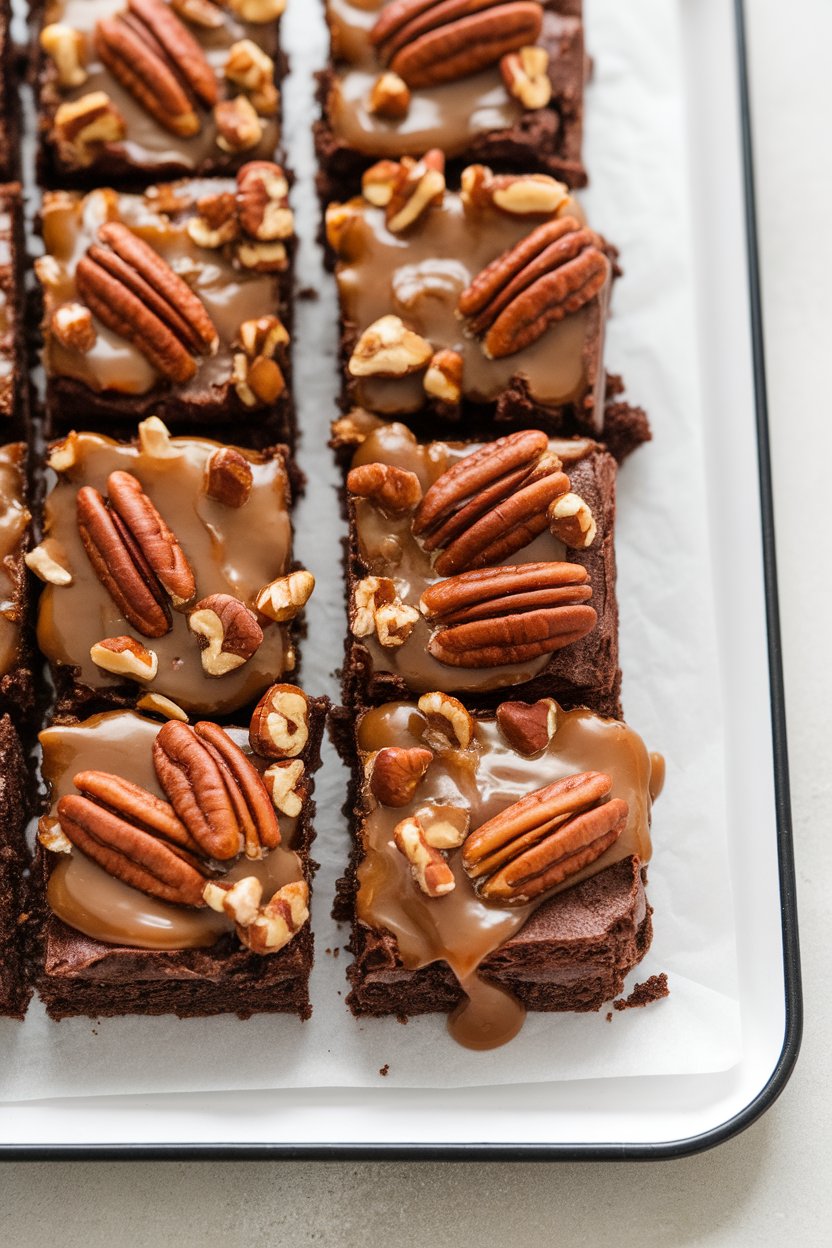 Indoor photo of mini brownie squares topped with gooey pecan praline topping, set on a white tray; no text or logos