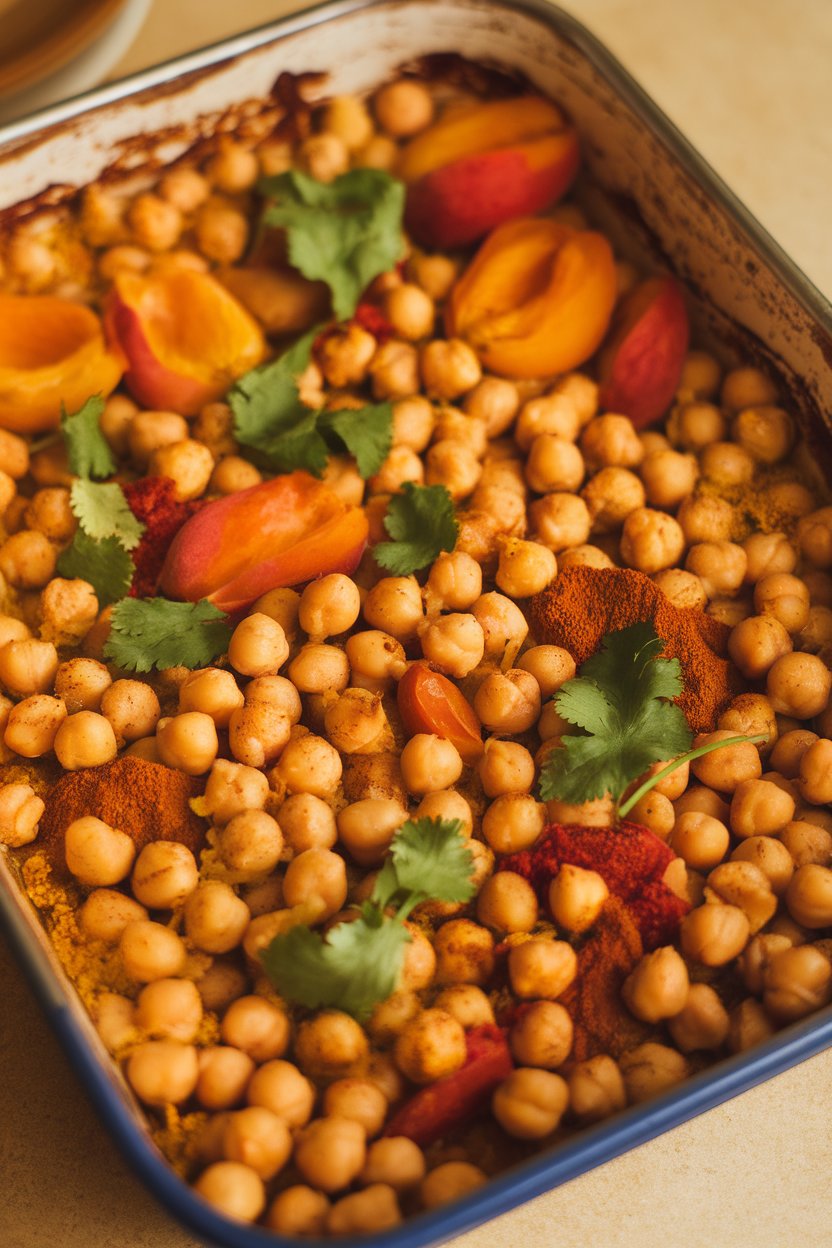 Indoor photo of a casserole filled with chickpeas, tomatoes, apricots, and warm spices, garnished with cilantro. No logos or text present.