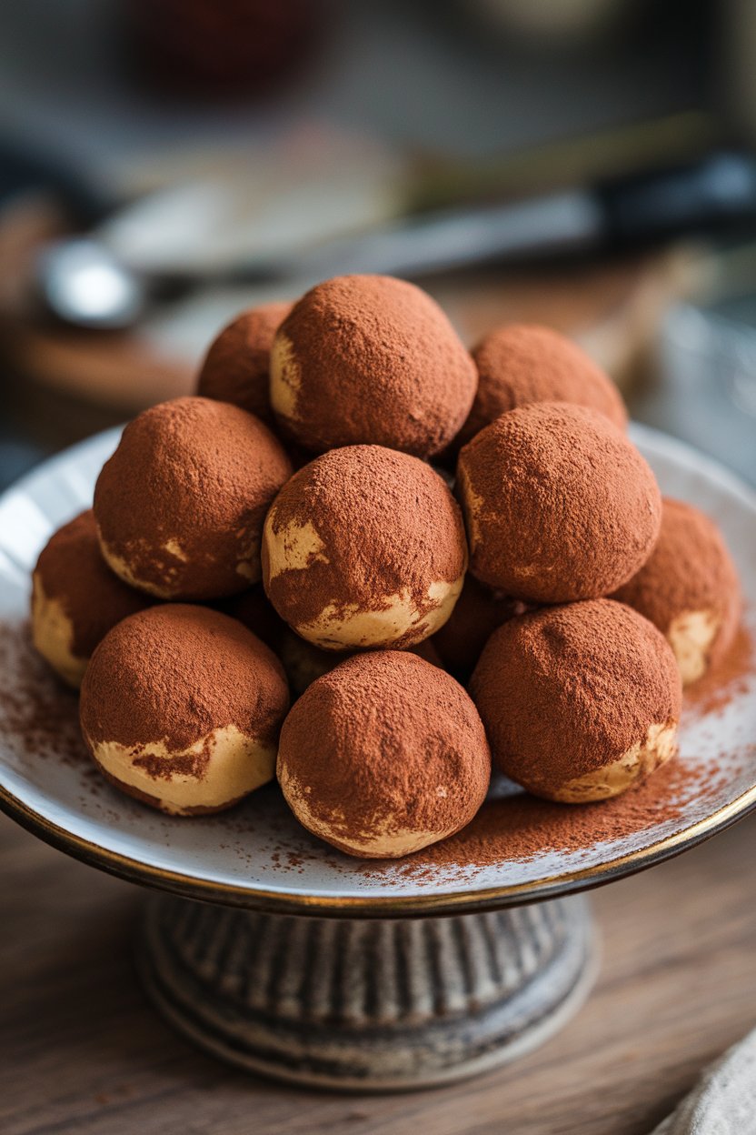 An indoor dessert plate with round chocolate peanut butter fat bombs, light dusting of cocoa powder; no text or logos.