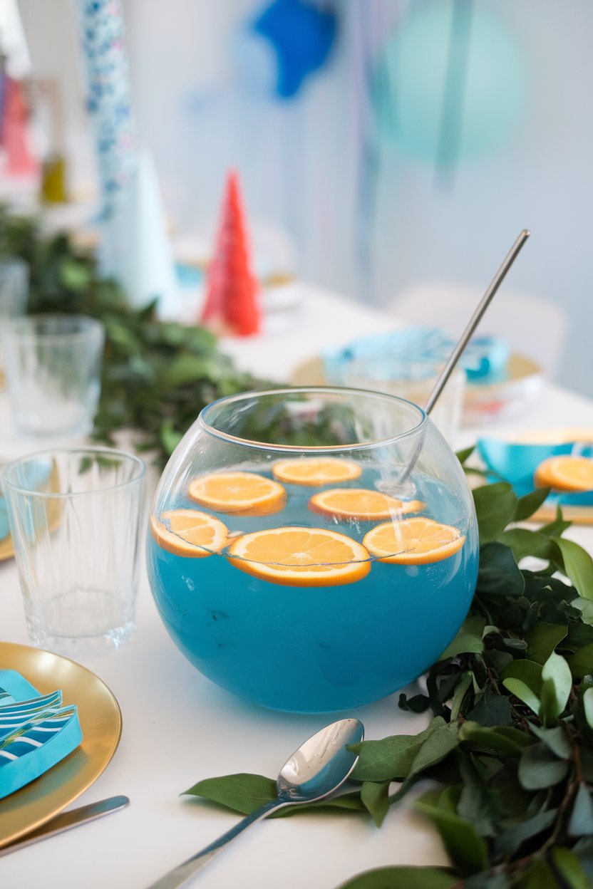 Indoor party table shot of a clear punch bowl filled with bright blue punch, floating citrus wheels; photo only, no logos.
