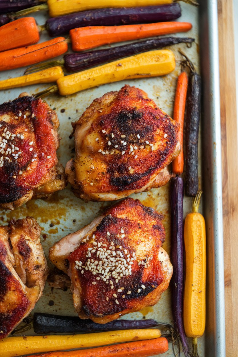 Indoor photo of fiery red piri piri-coated chicken thighs, multi-colored roasted carrot sticks alongside on a sheet pan, slight char. No text or logos.