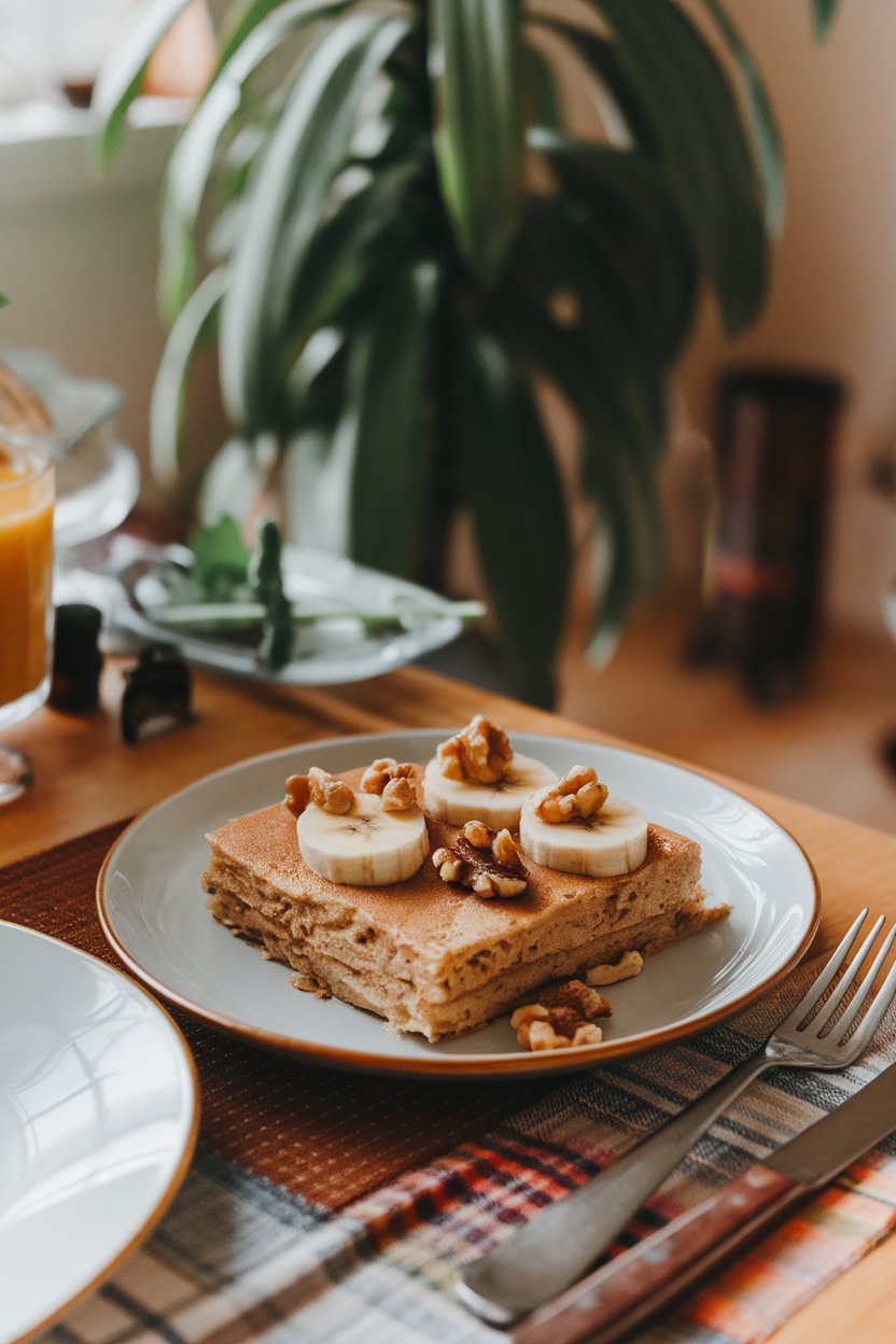Photo of a plate holding a banana-walnut sheet pan pancake square garnished with banana slices and toasted walnut pieces on an indoor breakfast table, no text or logos.