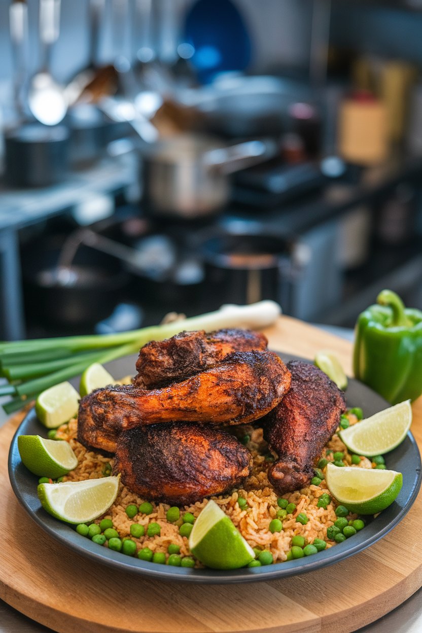 Indoor platter of dark-spiced jerk chicken pieces with lime wedges, rice and peas in background. Photo only.