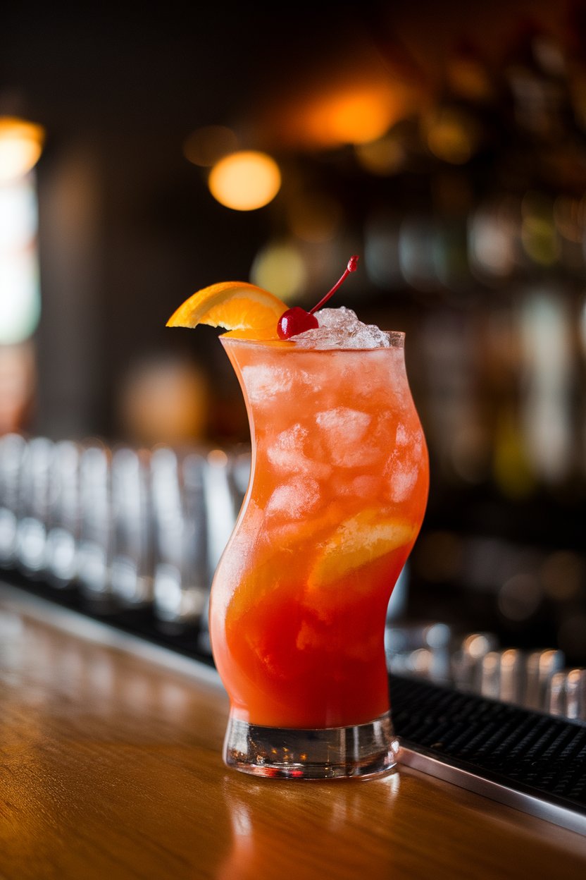 An indoor bar top with a curvy hurricane glass filled with red-orange cocktail, crushed ice, orange slice, and cherry garnish. No text or logos. Photo.