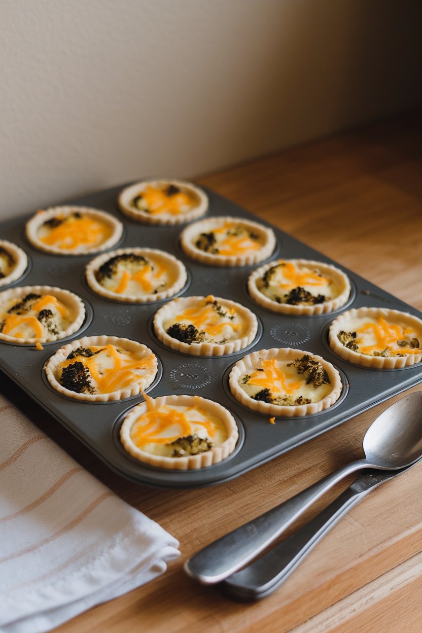 A muffin tin on an indoor counter holding mini crustless quiche cups dotted with broccoli and melted cheddar. No text or logos in view.