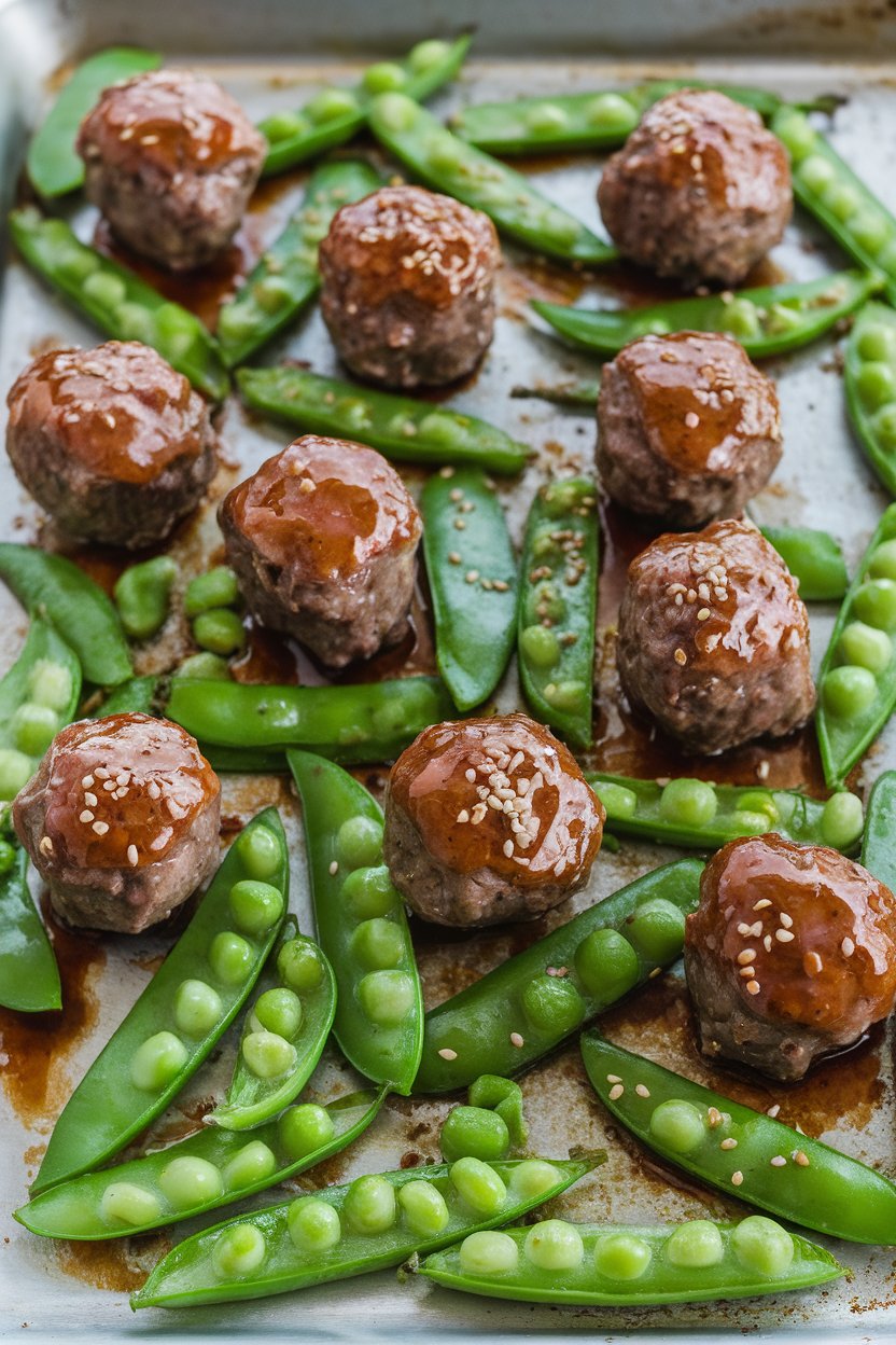 Indoor photo of glazed beef meatballs sprinkled with sesame seeds, bright green snap peas roasted alongside on a sheet pan. No text or logos.
