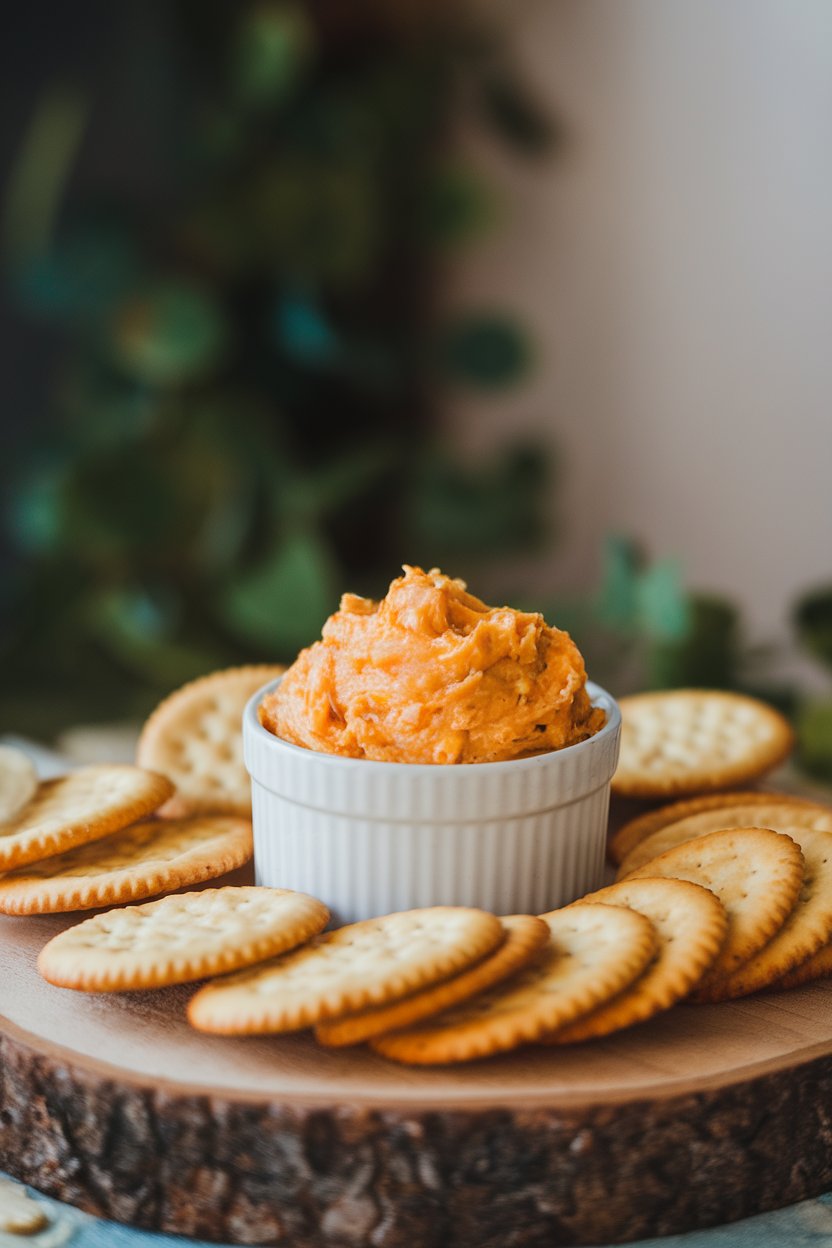 Indoor photo of a small ramekin filled with smoky pimento cheese spread, surrounded by buttery crackers. No text or logos anywhere.