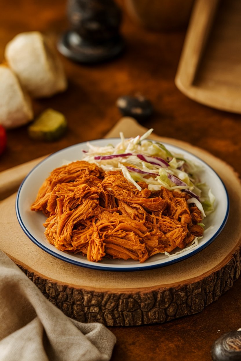 An indoor plate of smoky pulled jackfruit resembling barbecue, served with coleslaw; photo only, no text or logos.