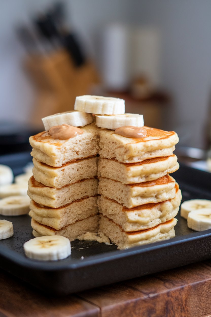 Indoor griddle scene with a stack of fluffy pancakes made from banana and Greek yogurt batter, topped with sliced banana and a dab of nut butter. No text or logos in view.