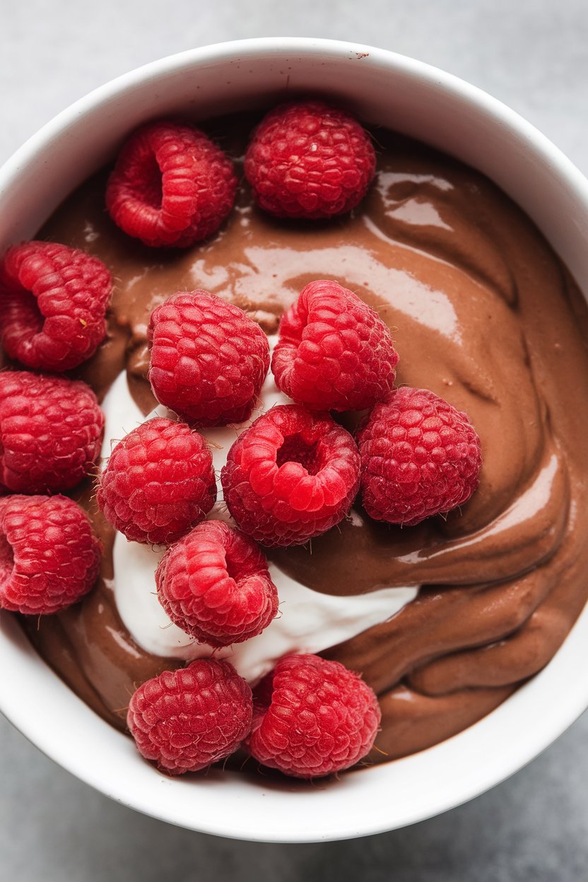 An indoor dessert bowl filled with smooth chocolate cottage cheese pudding topped with raspberries; no logos.